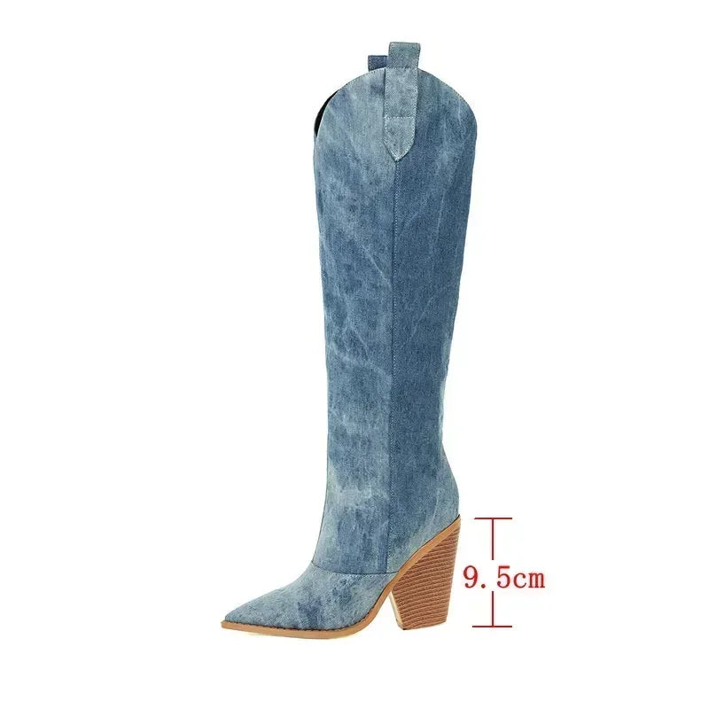 Emily | Knee High Cowboy Boots | Denim, High Heel | Cowboy Boots, Cowgirl Boots-5
