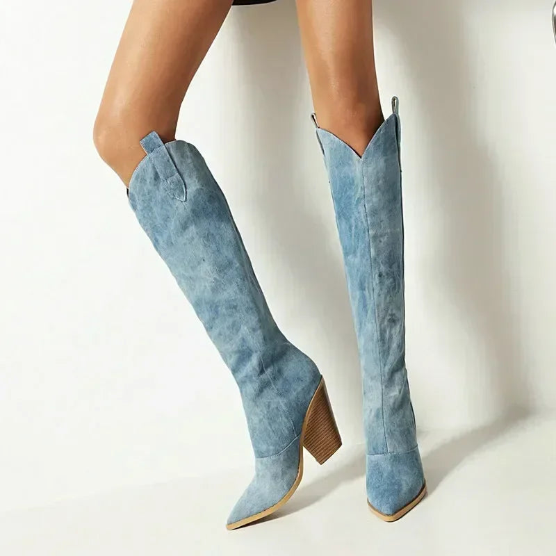Emily | Knee High Cowboy Boots | Denim, High Heel | Cowboy Boots, Cowgirl Boots-3