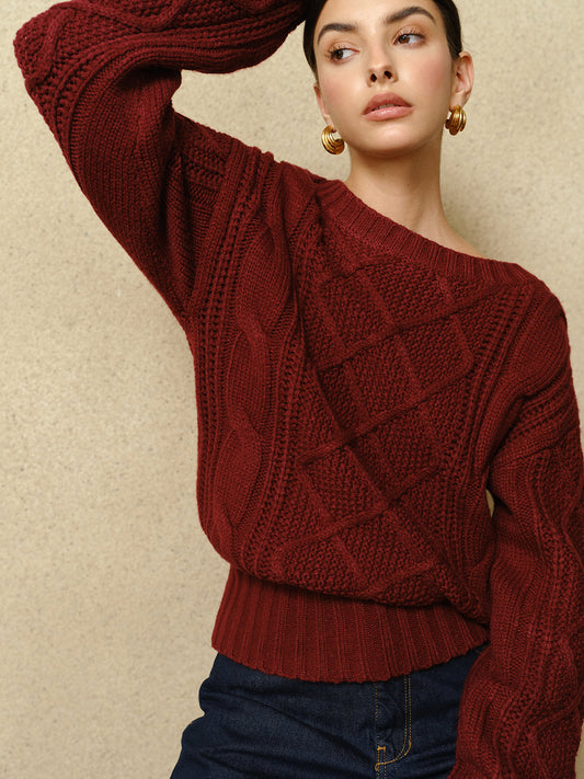 Burgundy | Sweater | Cable-Knit, Relaxed Fit-2