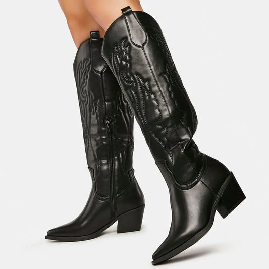 Emily | Knee High Cowboy Boots | Black Knee High Boots, Long Boots | Size 43-1