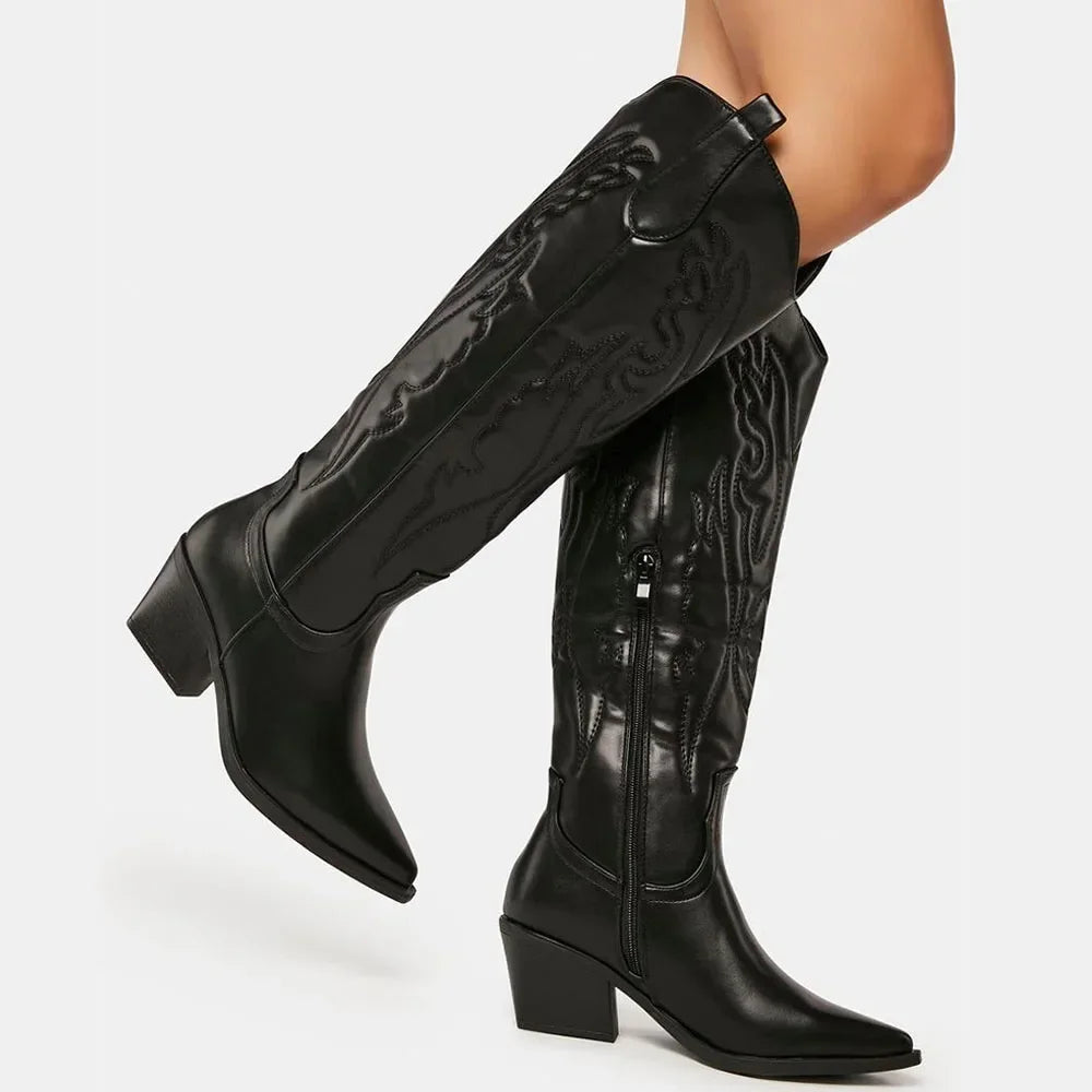 Emily | Knee High Cowboy Boots | Black Knee High Boots, Long Boots | Size 43-4